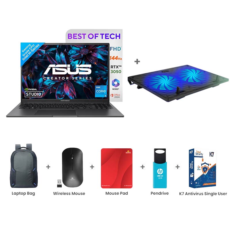 Picture of ASUS Vivobook 16X - Intel Core i5-13420H 16" (40.64cm) K3605VC-RP412WS Creator/Gaming Laptop (16GB/ 512GB SSD/ NVIDIA RTX 3050 4GB/ Windows 11 Home/ Office Home 2024/ 1Year Warranty/ Indie Black/ 1.80 Kg) Zebronics ZEB-NC3300 USB Powered Laptop Cooling Pad + Laptop Bag + Wireless Mouse + Mouse Pad + Pendrive + K7 Antivirus Single User